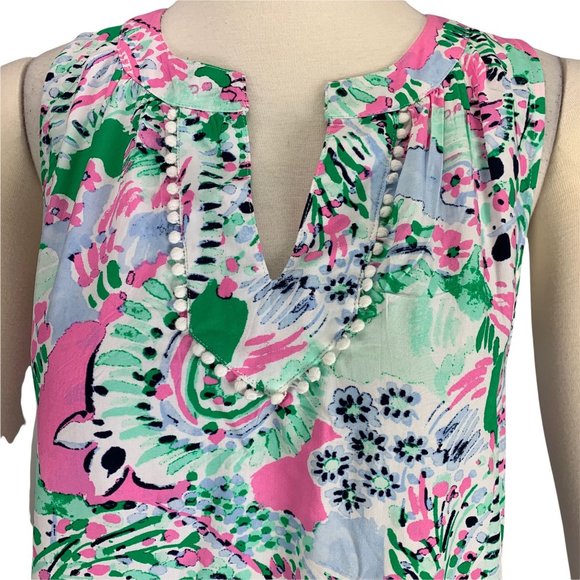 Crown & Ivy PS Top NWT Petite Small Pink Green Pom Crochet Icon Peasant Sleevele - Picture 5 of 7